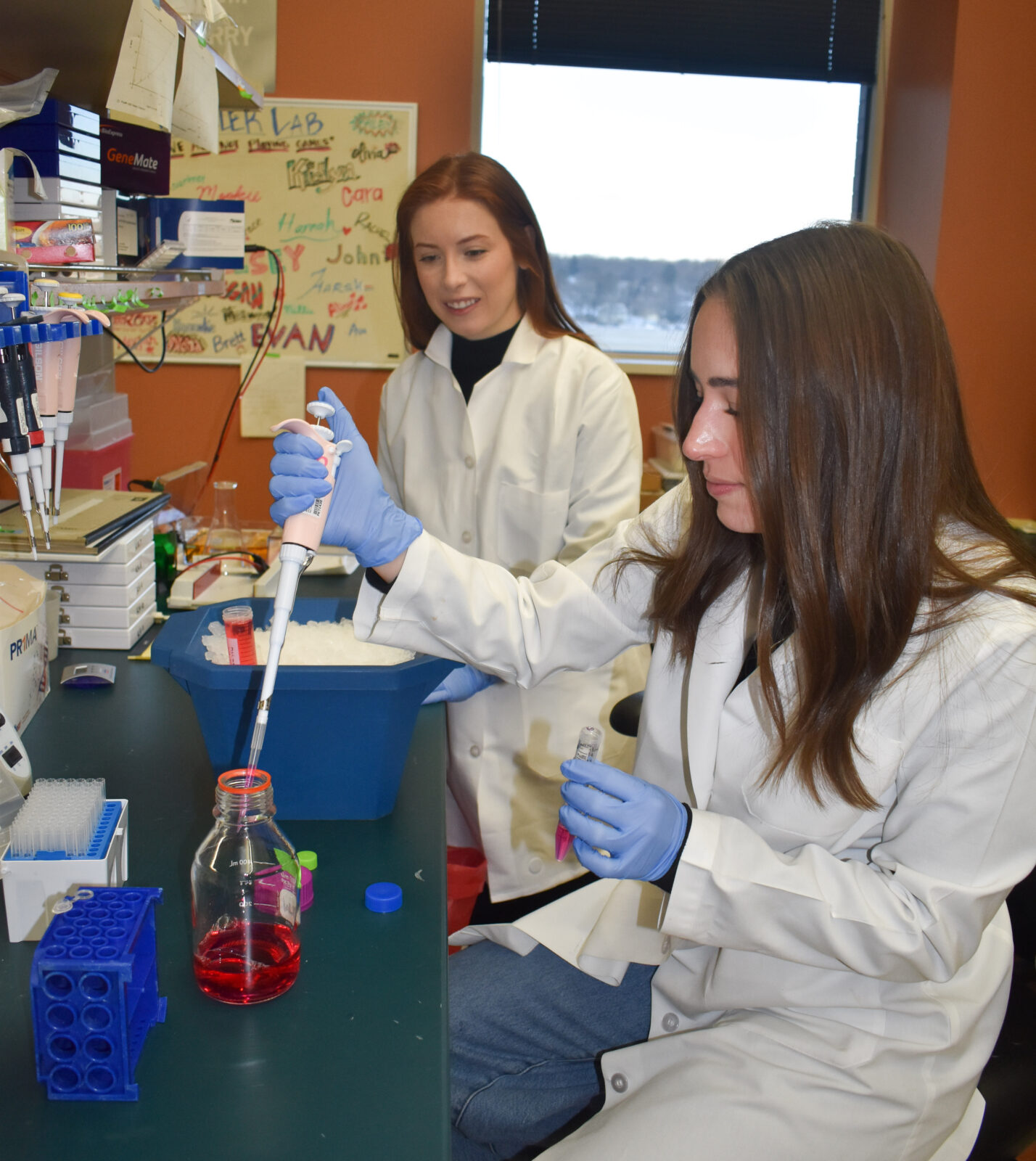 Two scientists with pipette and red liquid