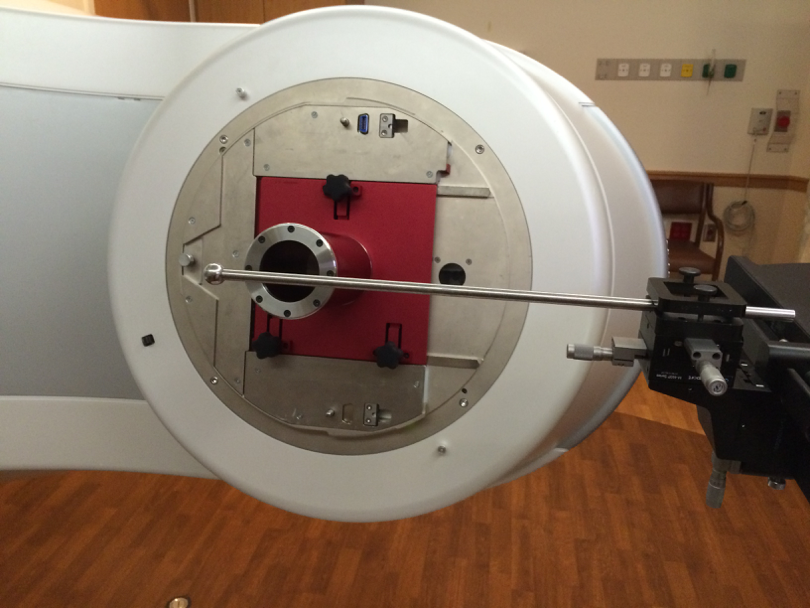 A medical physicist's quality assurance (QA) device attached to a linear accelerator 