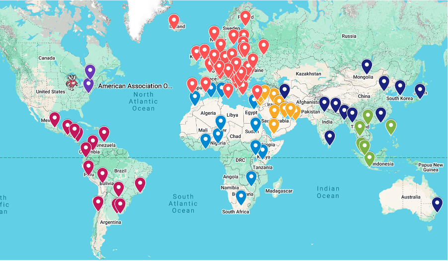 Map showing over 100 Medical Physics organizations worldwide