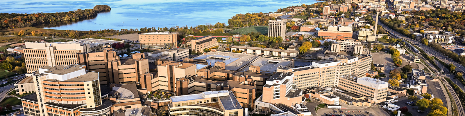 Aerial view of hospitals and lake